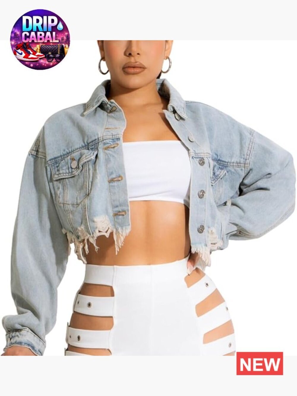 Women's Cropped Denim Jacket Button Up Long Sleeve Ripped Distressed Frayed Hem